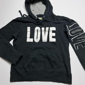 Green Sleeved Brand "Love" Hoodie In Black. Thermal Lined Hood Size: L (Juniors)